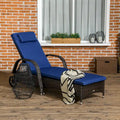 Chaise longue d'extérieur Outsunny en osier, dossier réglable sur 5 niveaux, chaise longue de piscine en rotin PE avec roulettes, coussin et appuie-tête