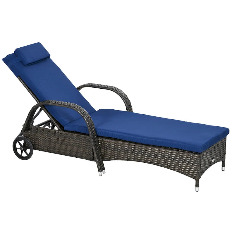 Chaise longue d'extérieur Outsunny en osier, dossier réglable sur 5 niveaux, chaise longue de piscine en rotin PE avec roulettes, coussin et appuie-tête