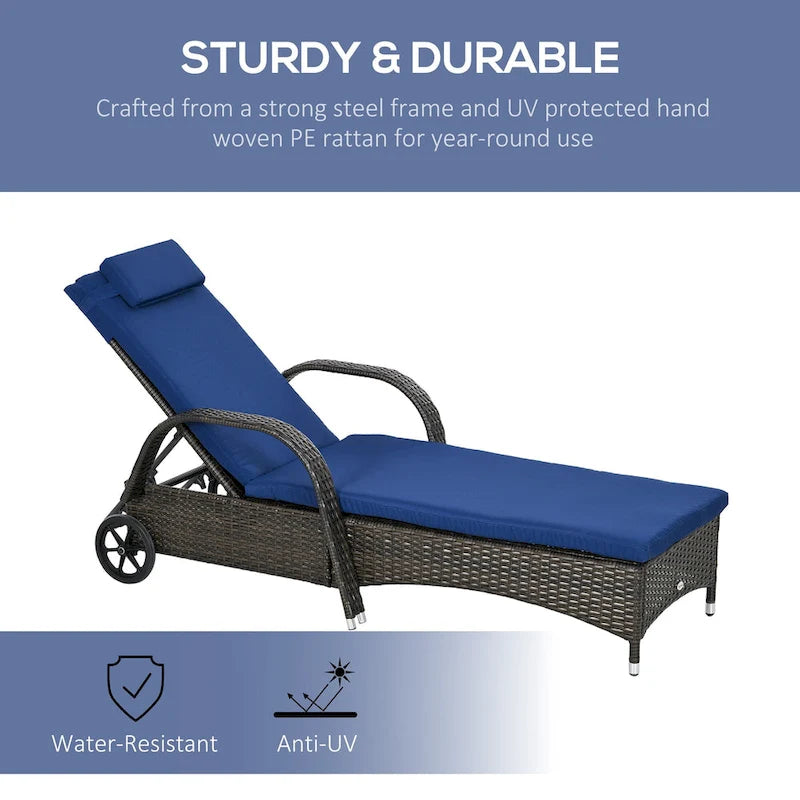Chaise longue d'extérieur Outsunny en osier, dossier réglable sur 5 niveaux, chaise longue de piscine en rotin PE avec roulettes, coussin et appuie-tête