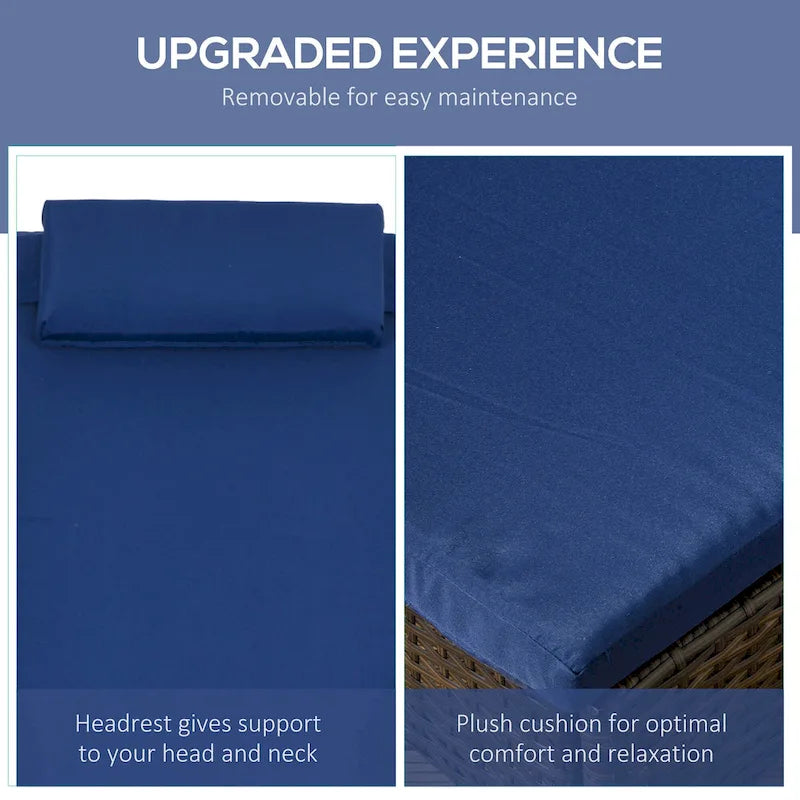 Chaise longue d'extérieur Outsunny en osier, dossier réglable sur 5 niveaux, chaise longue de piscine en rotin PE avec roulettes, coussin et appuie-tête