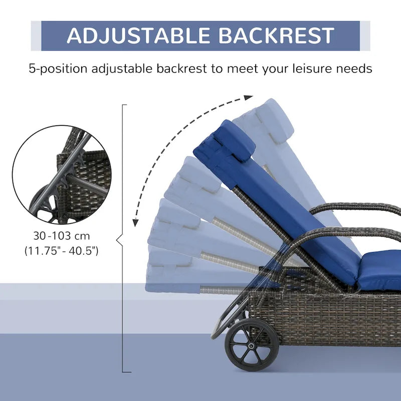 Chaise longue d'extérieur Outsunny en osier, dossier réglable sur 5 niveaux, chaise longue de piscine en rotin PE avec roulettes, coussin et appuie-tête