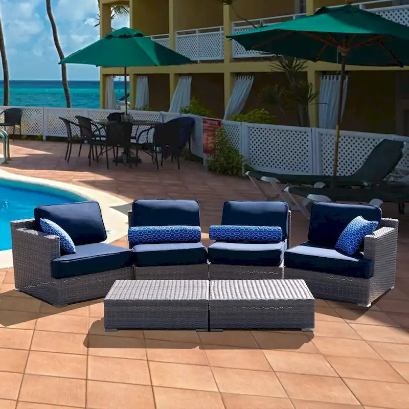 Canapé d'extérieur modulaire 6 pièces en osier de polyéthylène haute densité (PEHD) entièrement assemblé avec coussins bleu marine