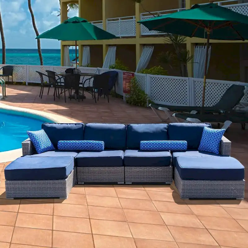 Canapé d'extérieur modulaire 6 pièces en osier de polyéthylène haute densité (PEHD) entièrement assemblé avec coussins bleu marine