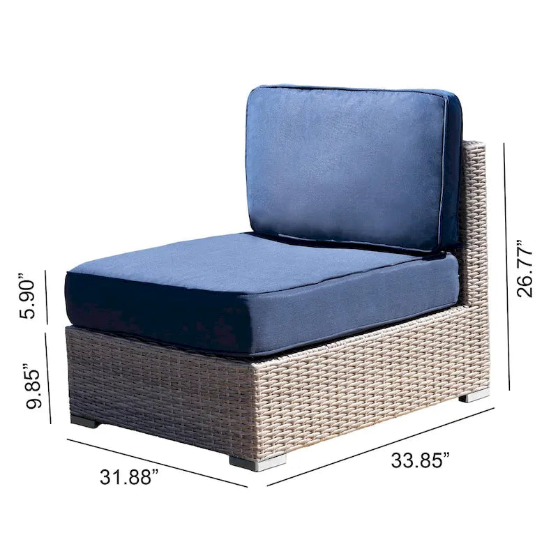 Canapé d'extérieur modulaire 6 pièces en osier de polyéthylène haute densité (PEHD) entièrement assemblé avec coussins bleu marine