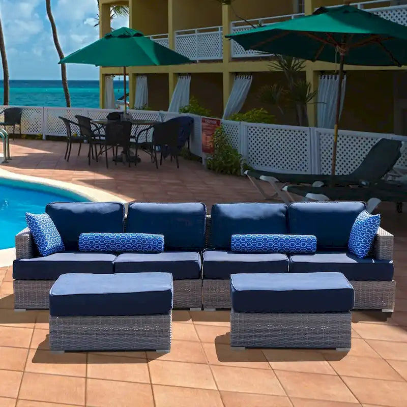 Canapé d'extérieur modulaire 6 pièces en osier de polyéthylène haute densité (PEHD) entièrement assemblé avec coussins bleu marine