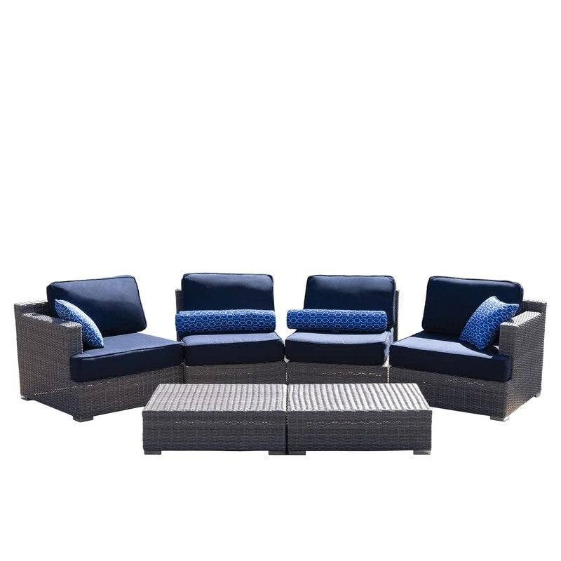 Canapé d'extérieur modulaire 6 pièces en osier de polyéthylène haute densité (PEHD) entièrement assemblé avec coussins bleu marine