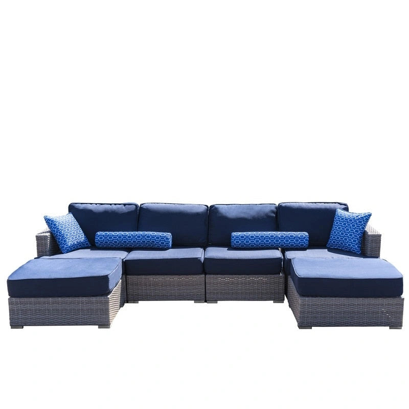 Canapé d'extérieur modulaire 6 pièces en osier de polyéthylène haute densité (PEHD) entièrement assemblé avec coussins bleu marine