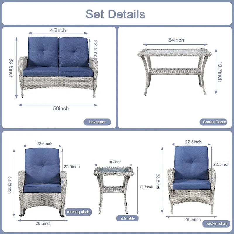 Ensemble de meubles de salon d'extérieur 7 pièces Gymojoy (causeuse, table, fauteuils à bascule)