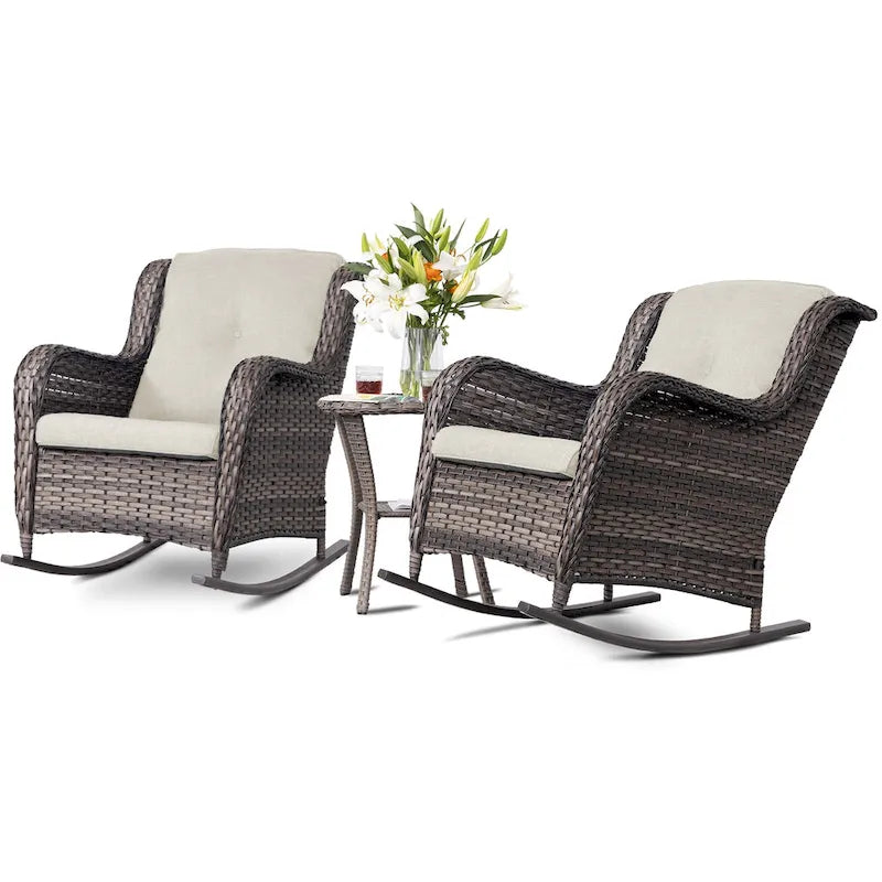 Cozywor Ensemble de 3 fauteuils à bascule d'extérieur en osier pour terrasse
