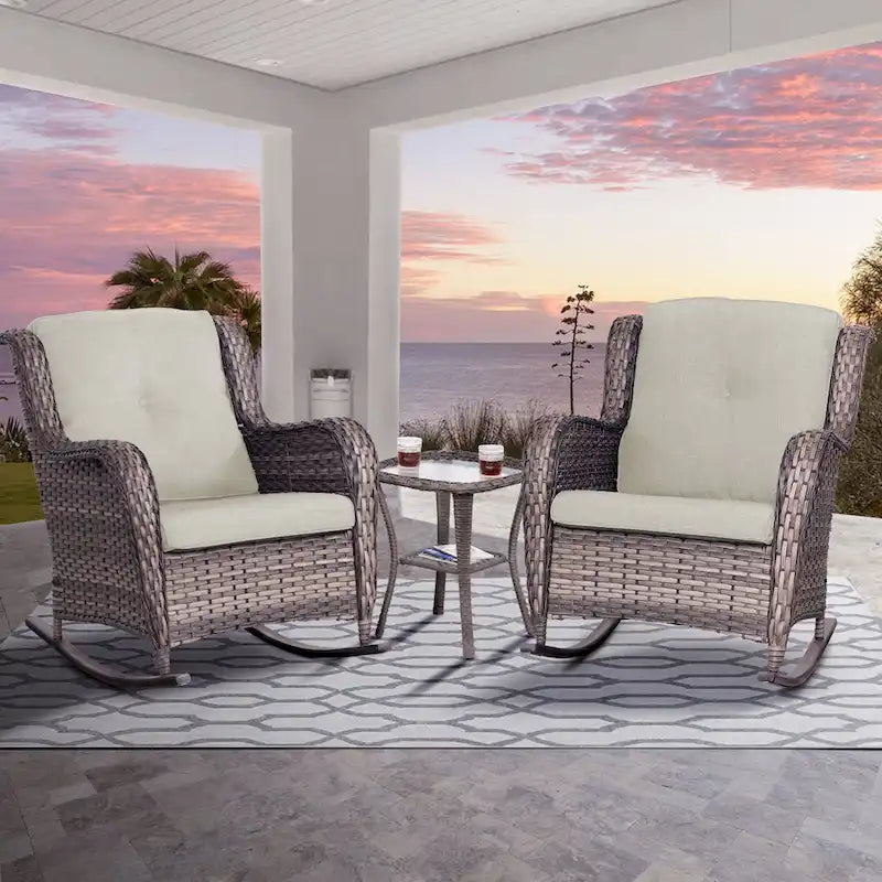 Cozywor Ensemble de 3 fauteuils à bascule d'extérieur en osier pour terrasse