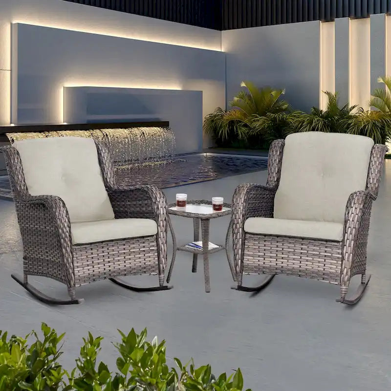Cozywor Ensemble de 3 fauteuils à bascule d'extérieur en osier pour terrasse