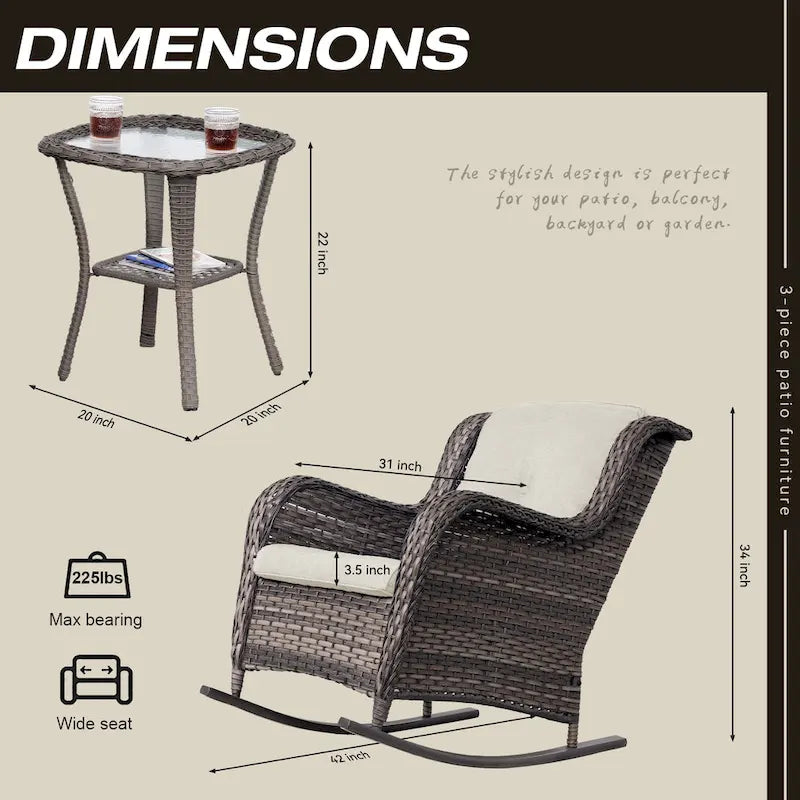 Cozywor Ensemble de 3 fauteuils à bascule d'extérieur en osier pour terrasse