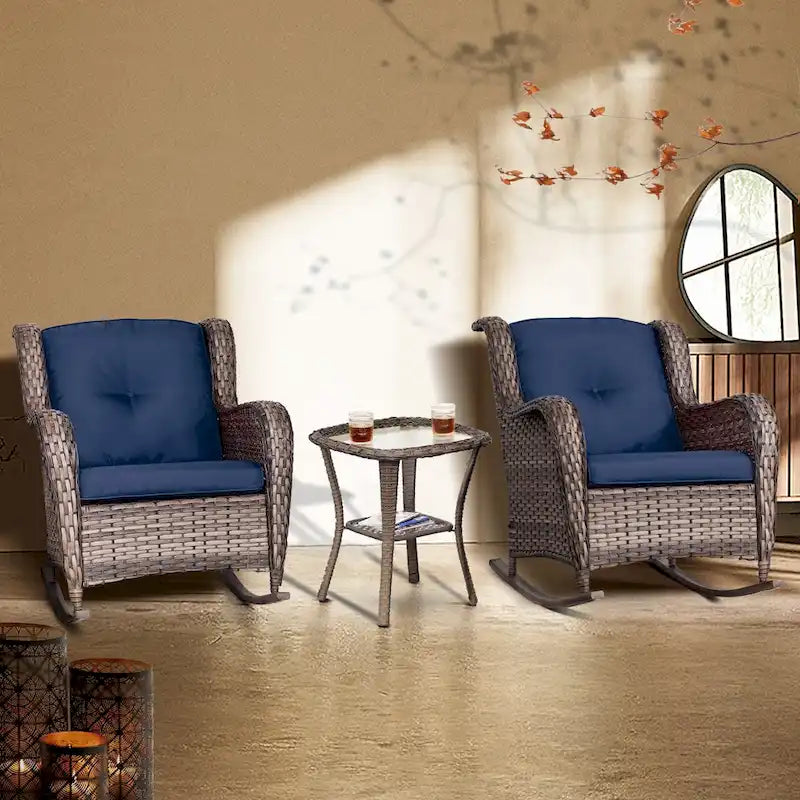 Cozywor Ensemble de 3 fauteuils à bascule d'extérieur en osier pour terrasse