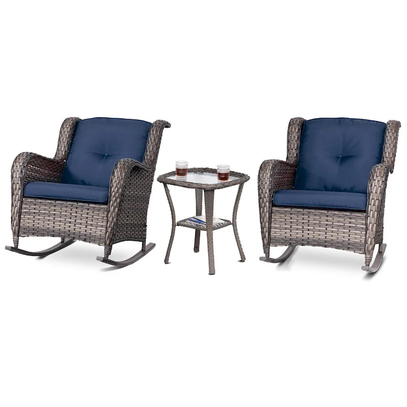 Cozywor Ensemble de 3 fauteuils à bascule d'extérieur en osier pour terrasse