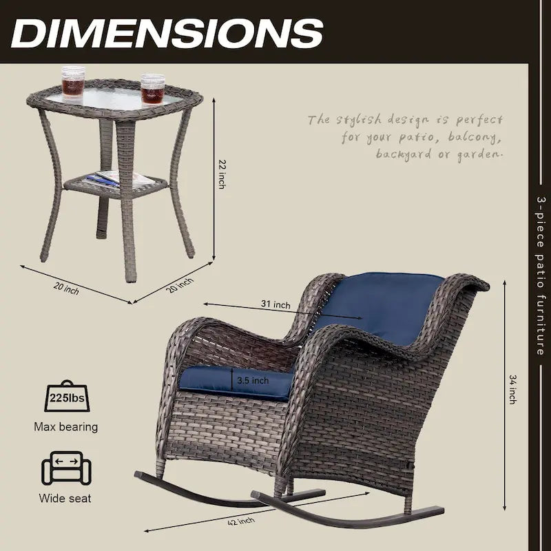 Cozywor Ensemble de 3 fauteuils à bascule d'extérieur en osier pour terrasse
