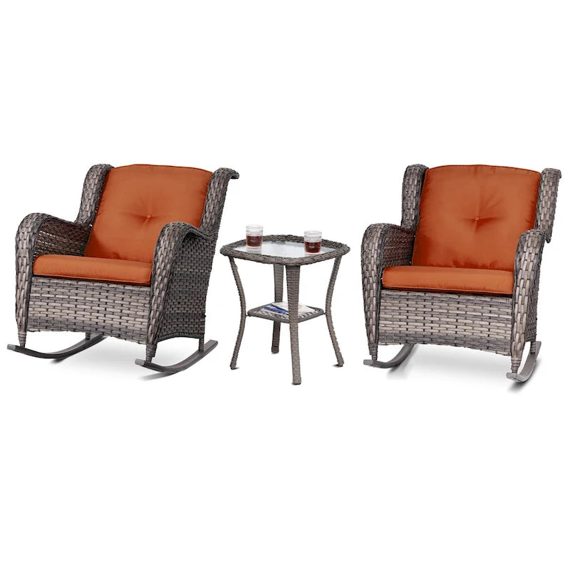 Cozywor Ensemble de 3 fauteuils à bascule d'extérieur en osier pour terrasse