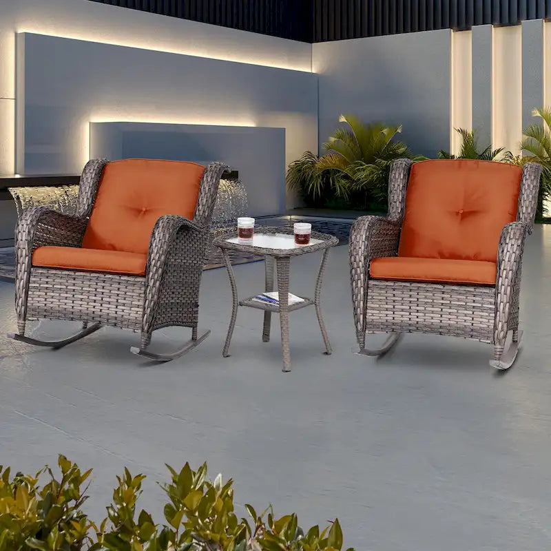 Cozywor Ensemble de 3 fauteuils à bascule d'extérieur en osier pour terrasse