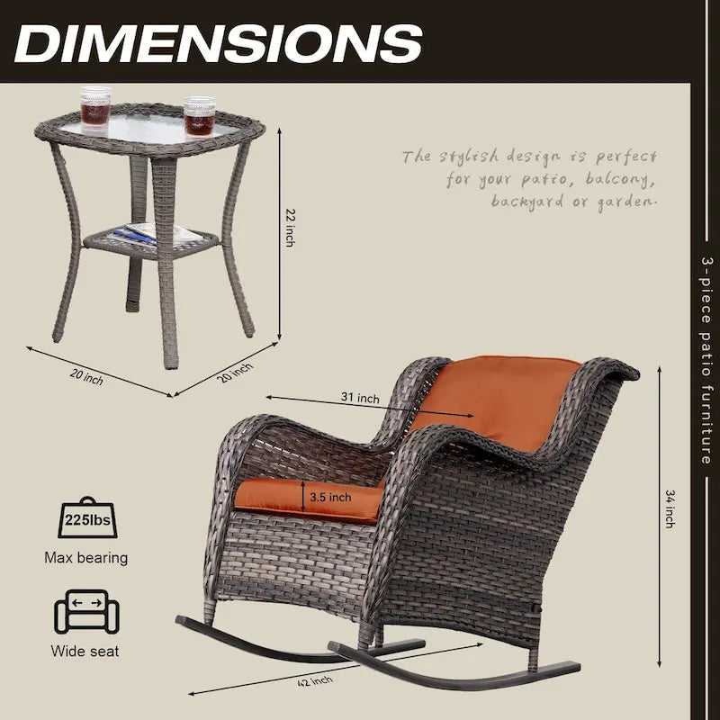 Cozywor Ensemble de 3 fauteuils à bascule d'extérieur en osier pour terrasse