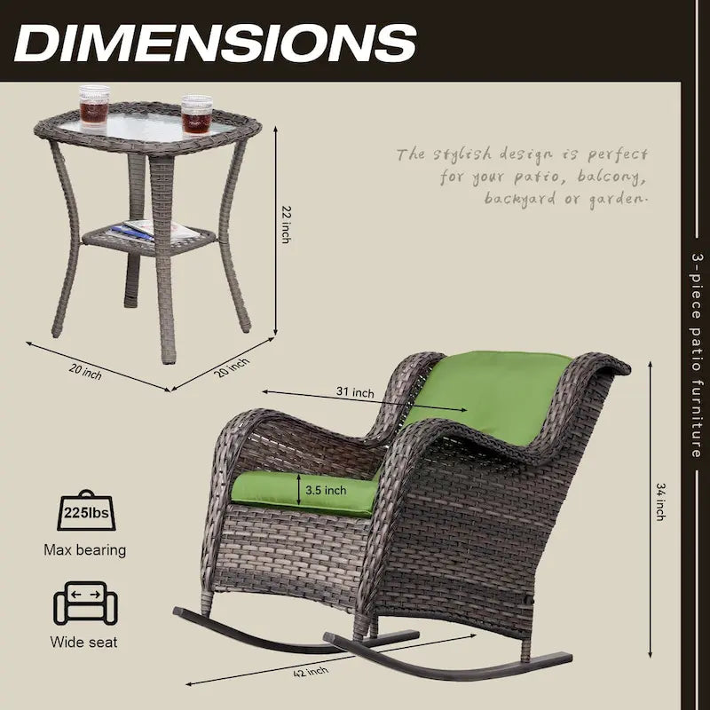 Cozywor Ensemble de 3 fauteuils à bascule d'extérieur en osier pour terrasse