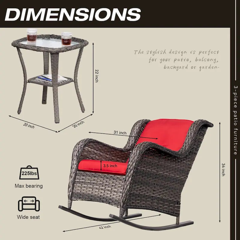 Cozywor Ensemble de 3 fauteuils à bascule d'extérieur en osier pour terrasse