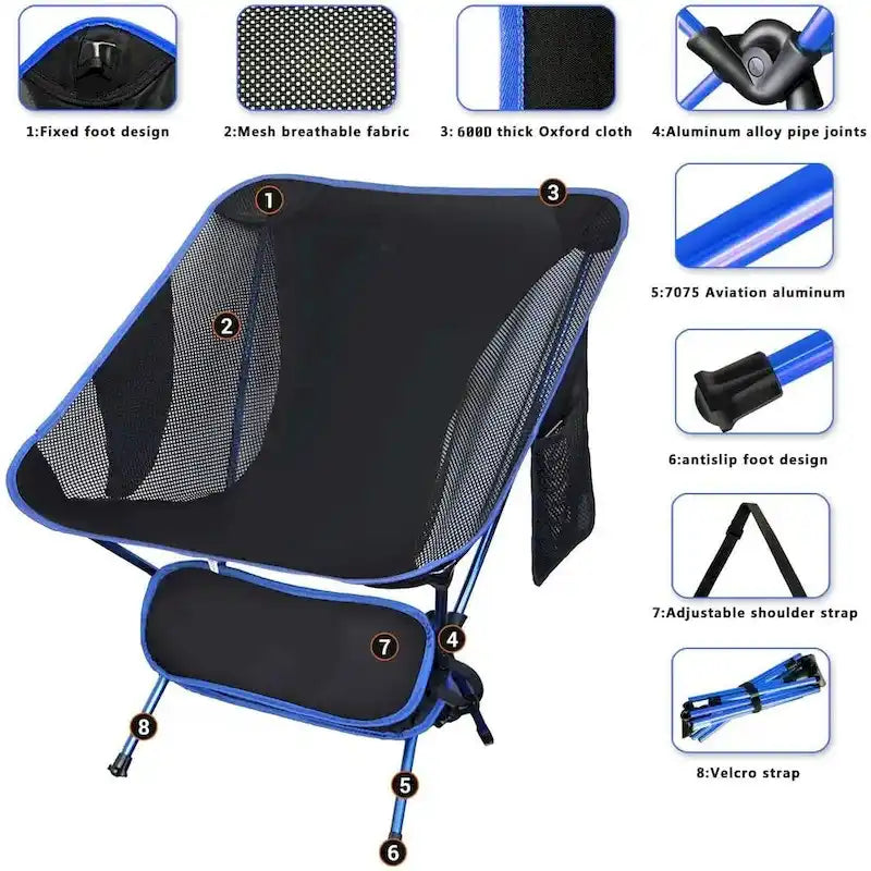 Chaise de camping, Légère, Chaise de randonnée, Chaises pliantes, Portable avec sac de transport et bandoulière
