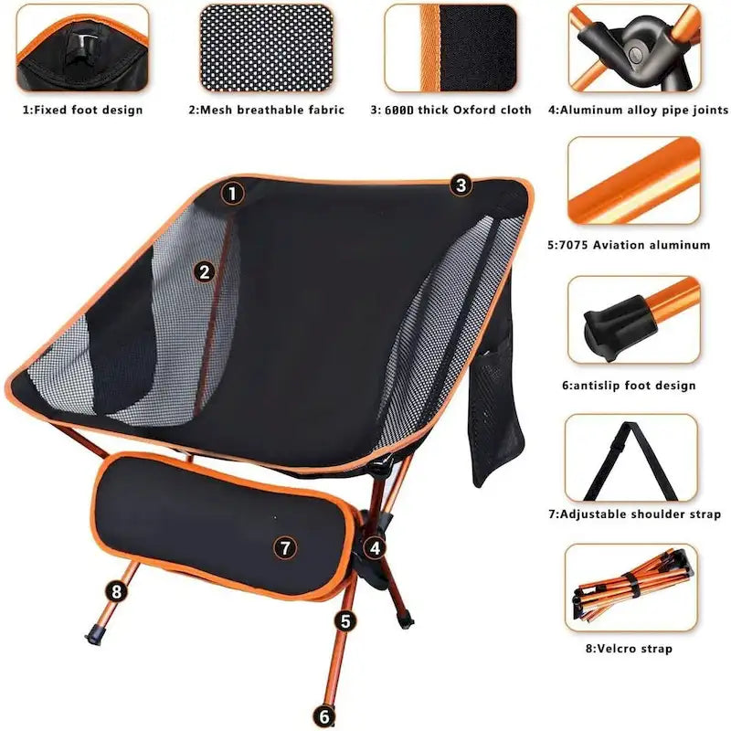 Chaise de camping, Légère, Chaise de randonnée, Chaises pliantes, Portable avec sac de transport et bandoulière