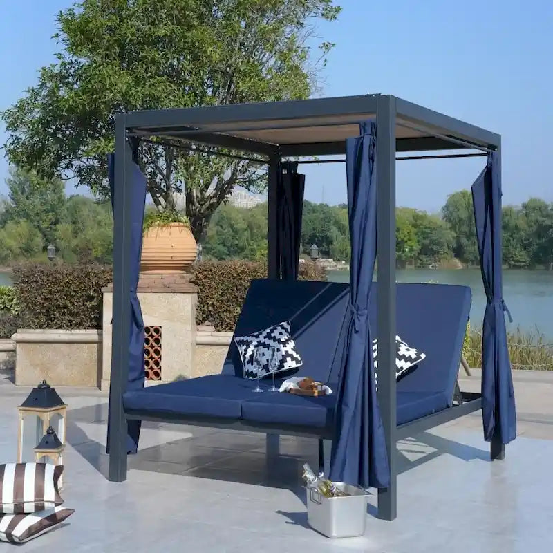 Bain de soleil extérieur réglable avec auvent, ensemble de salon en acier pour patio