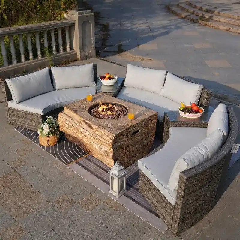 Ensemble de canapé d'angle de patio demi-lune 9 pièces avec table foyer