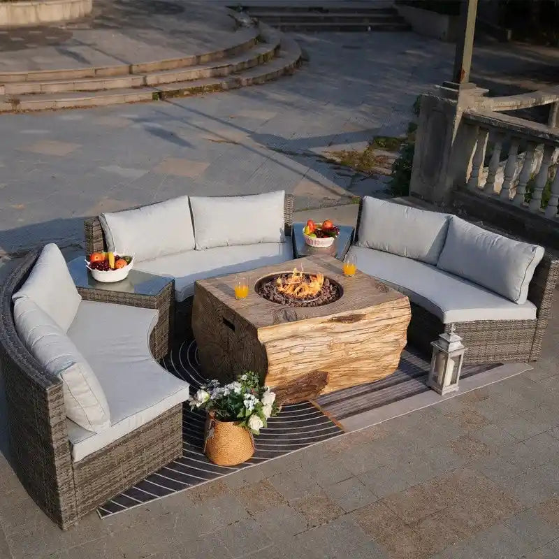 9-piece Halfmoon Patio Sectional Sofa Set with Fire Pit Table
