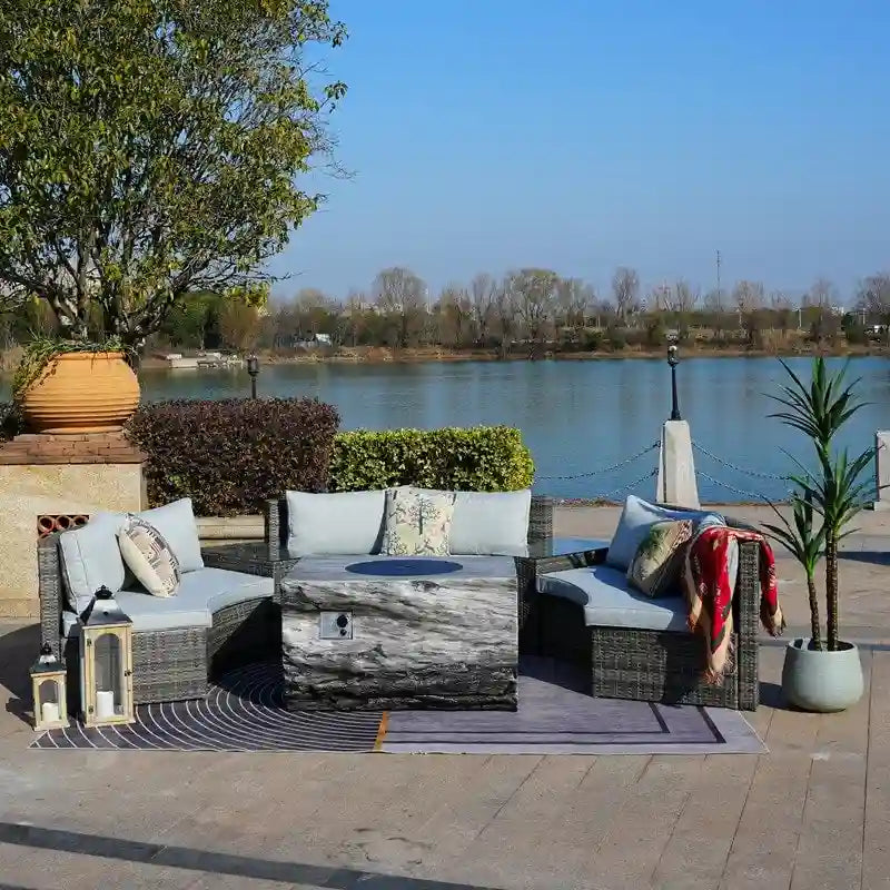 Ensemble de canapé d'angle de patio demi-lune 9 pièces avec table foyer