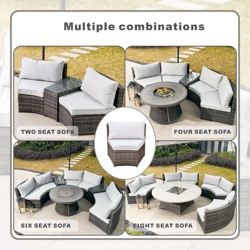 Ensemble de canapé d'angle de patio demi-lune 9 pièces avec table foyer