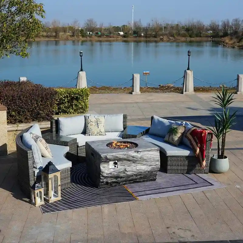Ensemble de canapé d'angle de patio demi-lune 9 pièces avec table foyer