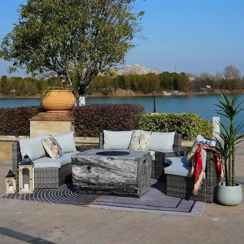 Ensemble de canapé d'angle de patio demi-lune 9 pièces avec table foyer