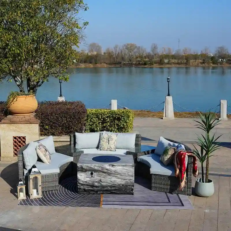 Ensemble de canapé d'angle de patio demi-lune 9 pièces avec table foyer