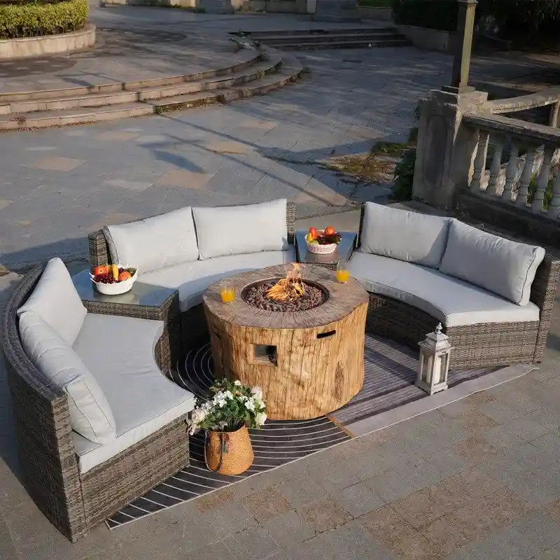 Ensemble de canapé d'angle de patio demi-lune 9 pièces avec table foyer
