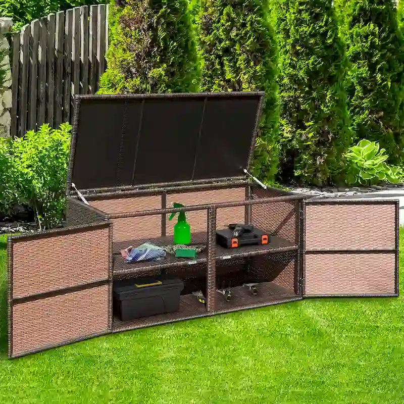 Coffre de rangement en osier d'extérieur avec cadre en acier pour jardin et terrasse