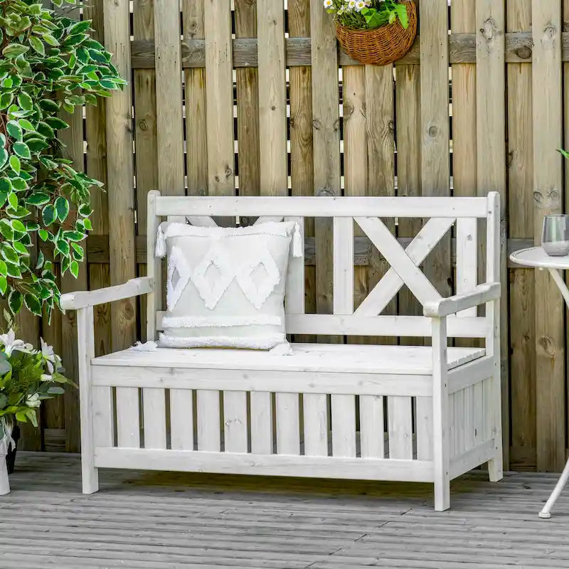 29 Gallon Garden Storage Bench with Waterproof Frame, Large Entryway Deck Box w/ Unique X-Shape Back, Louvered Side Panels
