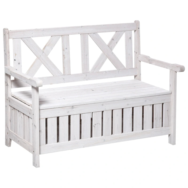 Banc de rangement de jardin de 109 litres avec cadre étanche, grande boîte de rangement d'entrée avec dossier unique en forme de X, panneaux latéraux à persiennes