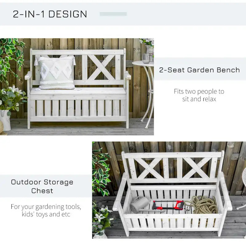 Banc de rangement de jardin de 109 litres avec cadre étanche, grande boîte de rangement d'entrée avec dossier unique en forme de X, panneaux latéraux à persiennes