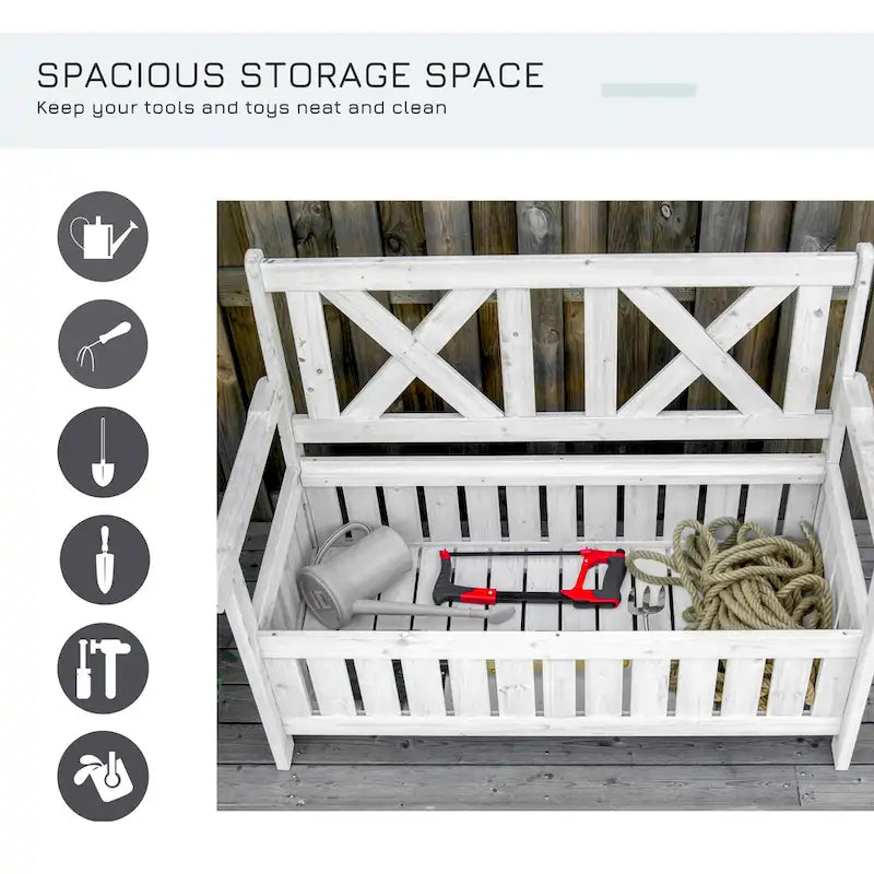 Banc de rangement de jardin de 109 litres avec cadre étanche, grande boîte de rangement d'entrée avec dossier unique en forme de X, panneaux latéraux à persiennes
