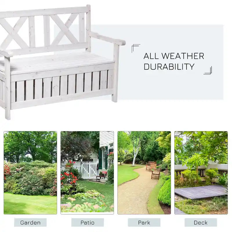 Banc de rangement de jardin de 109 litres avec cadre étanche, grande boîte de rangement d'entrée avec dossier unique en forme de X, panneaux latéraux à persiennes