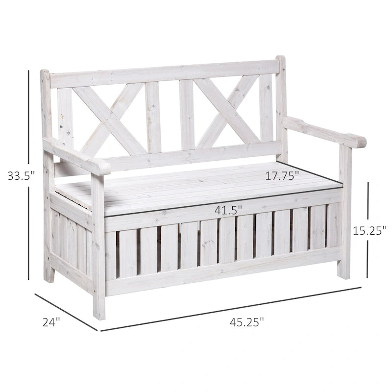 Banc de rangement de jardin de 109 litres avec cadre étanche, grande boîte de rangement d'entrée avec dossier unique en forme de X, panneaux latéraux à persiennes