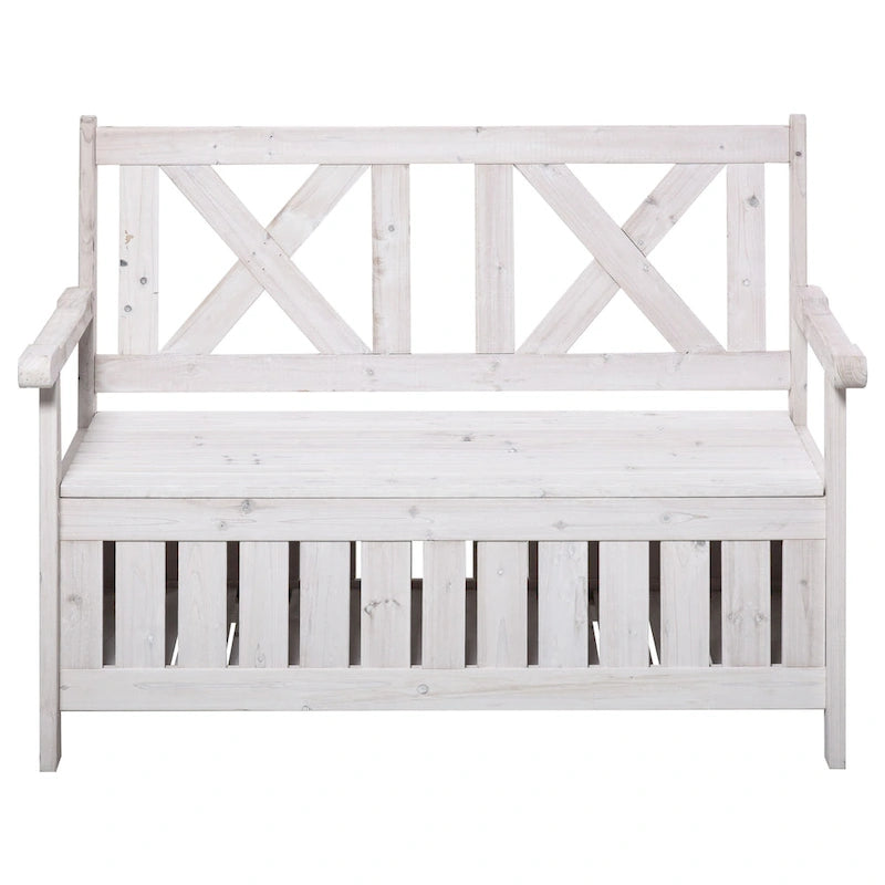 Banc de rangement de jardin de 109 litres avec cadre étanche, grande boîte de rangement d'entrée avec dossier unique en forme de X, panneaux latéraux à persiennes