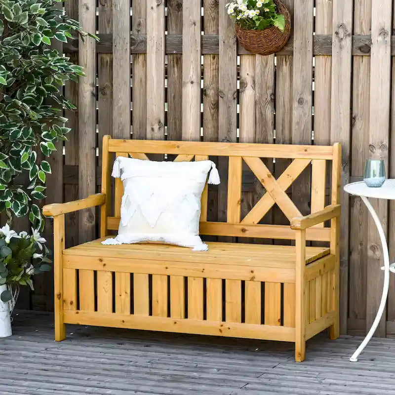 Banc de rangement de jardin de 109 litres avec cadre étanche, grande boîte de rangement d'entrée avec dossier unique en forme de X, panneaux latéraux à persiennes
