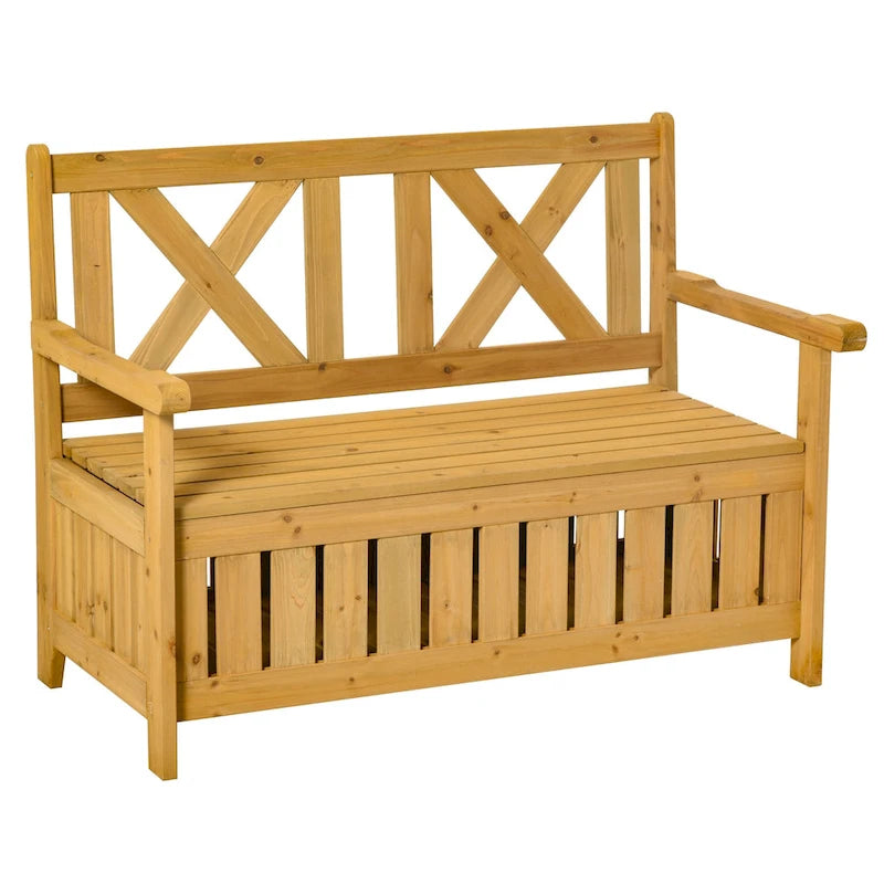 Banc de rangement de jardin de 109 litres avec cadre étanche, grande boîte de rangement d'entrée avec dossier unique en forme de X, panneaux latéraux à persiennes