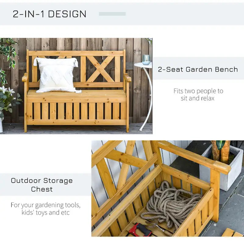Banc de rangement de jardin de 109 litres avec cadre étanche, grande boîte de rangement d'entrée avec dossier unique en forme de X, panneaux latéraux à persiennes