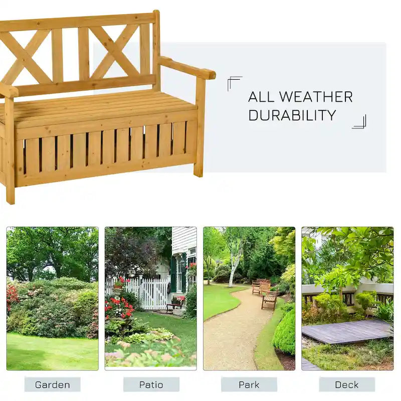 Banc de rangement de jardin de 109 litres avec cadre étanche, grande boîte de rangement d'entrée avec dossier unique en forme de X, panneaux latéraux à persiennes
