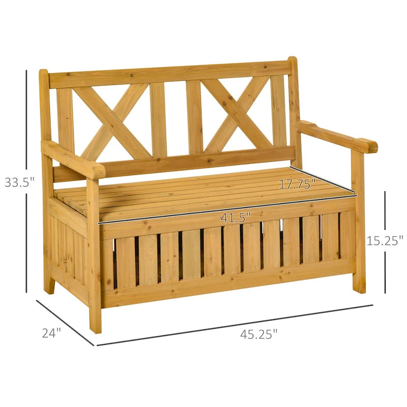 Banc de rangement de jardin de 109 litres avec cadre étanche, grande boîte de rangement d'entrée avec dossier unique en forme de X, panneaux latéraux à persiennes