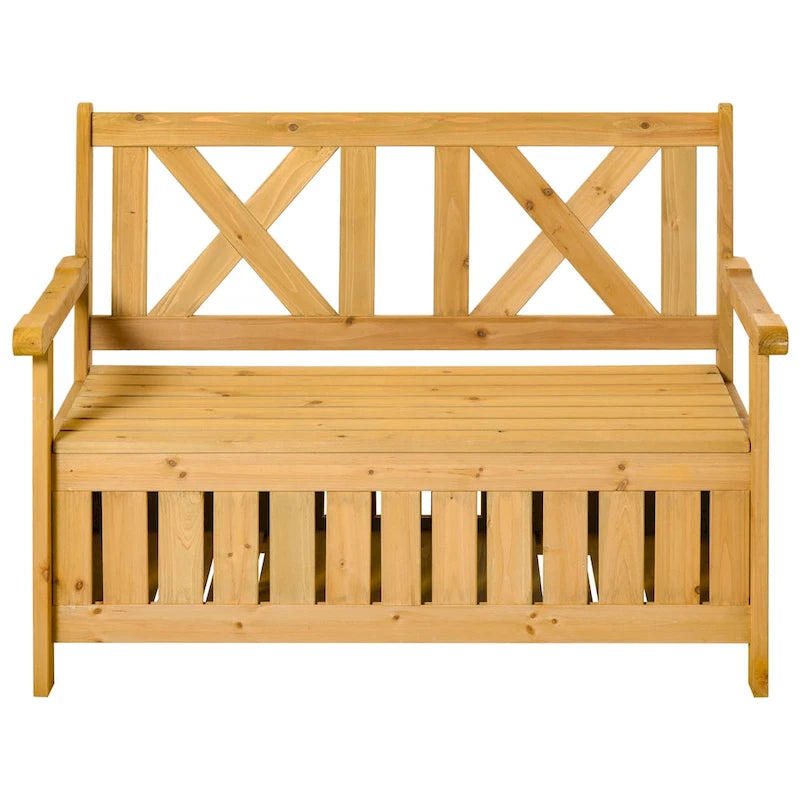 Banc de rangement de jardin de 109 litres avec cadre étanche, grande boîte de rangement d'entrée avec dossier unique en forme de X, panneaux latéraux à persiennes