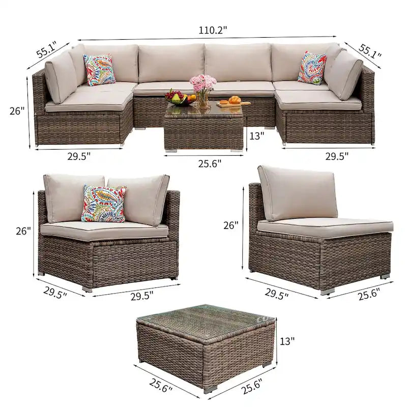 Ensemble de canapé d'angle d'extérieur en osier 7 pièces avec coussins et table basse